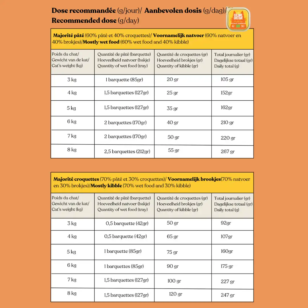 Dosage recommandé pour nourriture sèche et humide pour chat