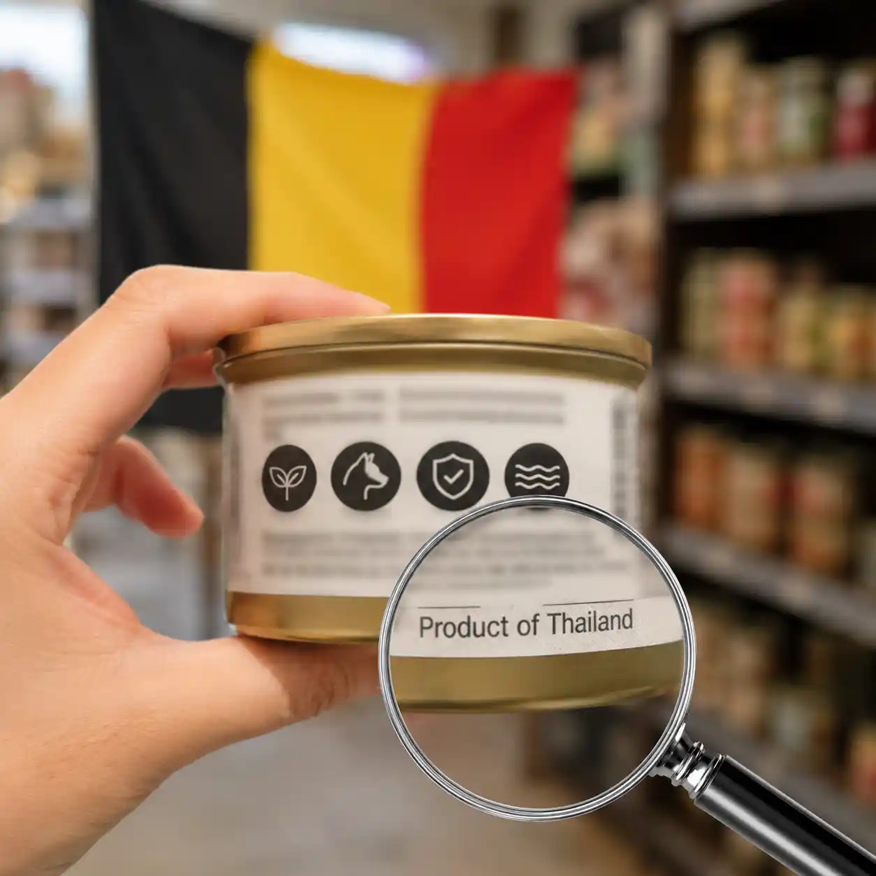 Pâté avec drapeau belge sur le packaging mais mention 'Product of Thailand' au dos